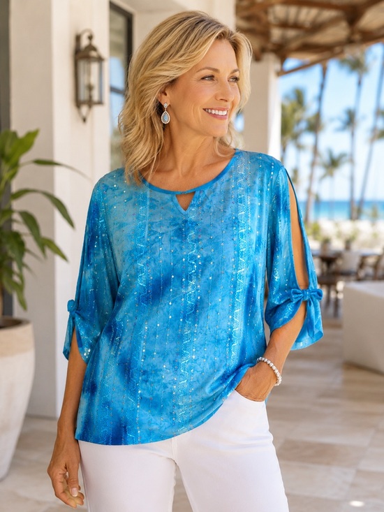 Sami & Jo Tops - Sami & Jo Womens Top XL Blue Sequin Embellished Slit Tie Sleeve Stretch